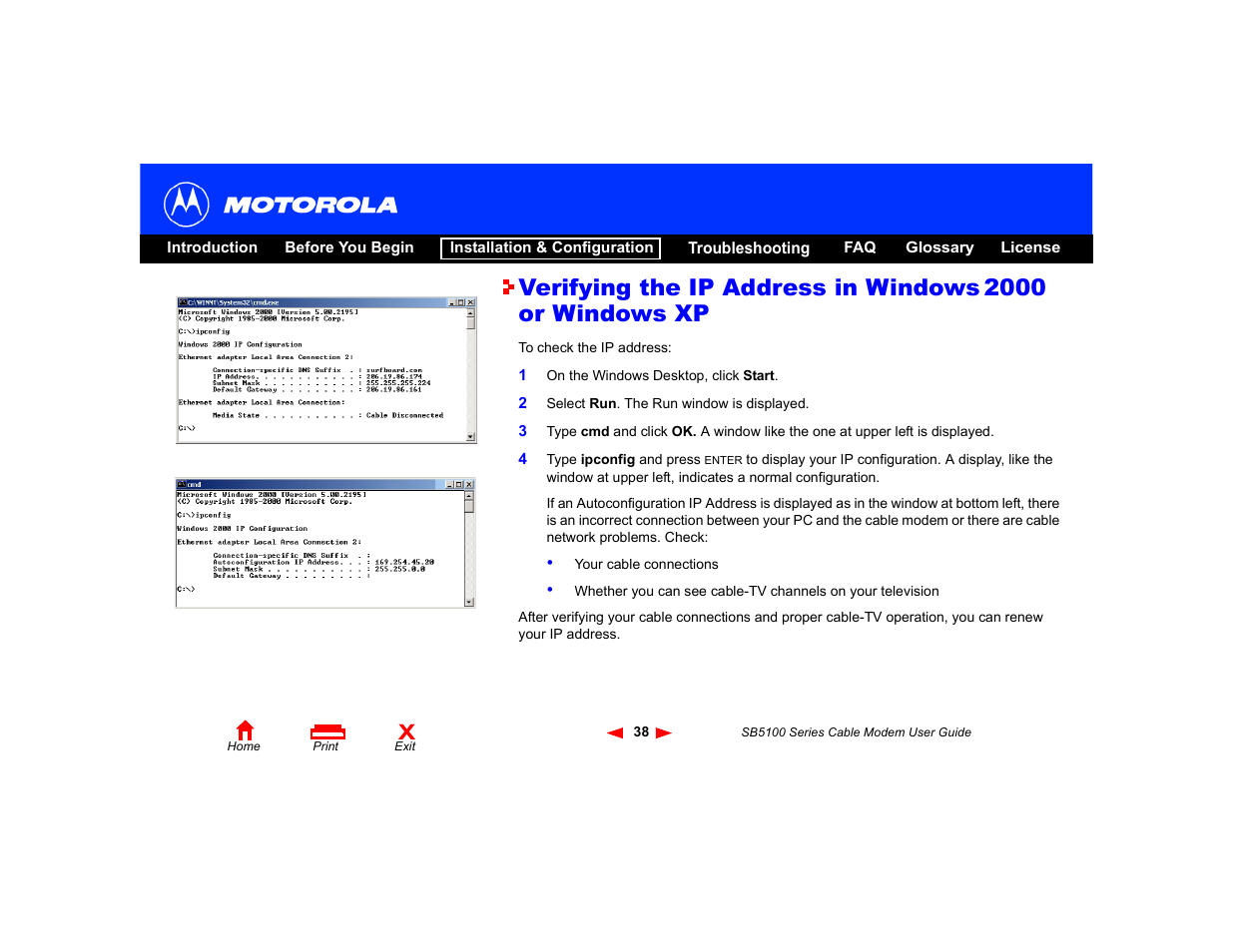 Verifying the ip address in windows, 2000 or windows xp | Motorola SB5100 Series User Manual | Page 44 / 72