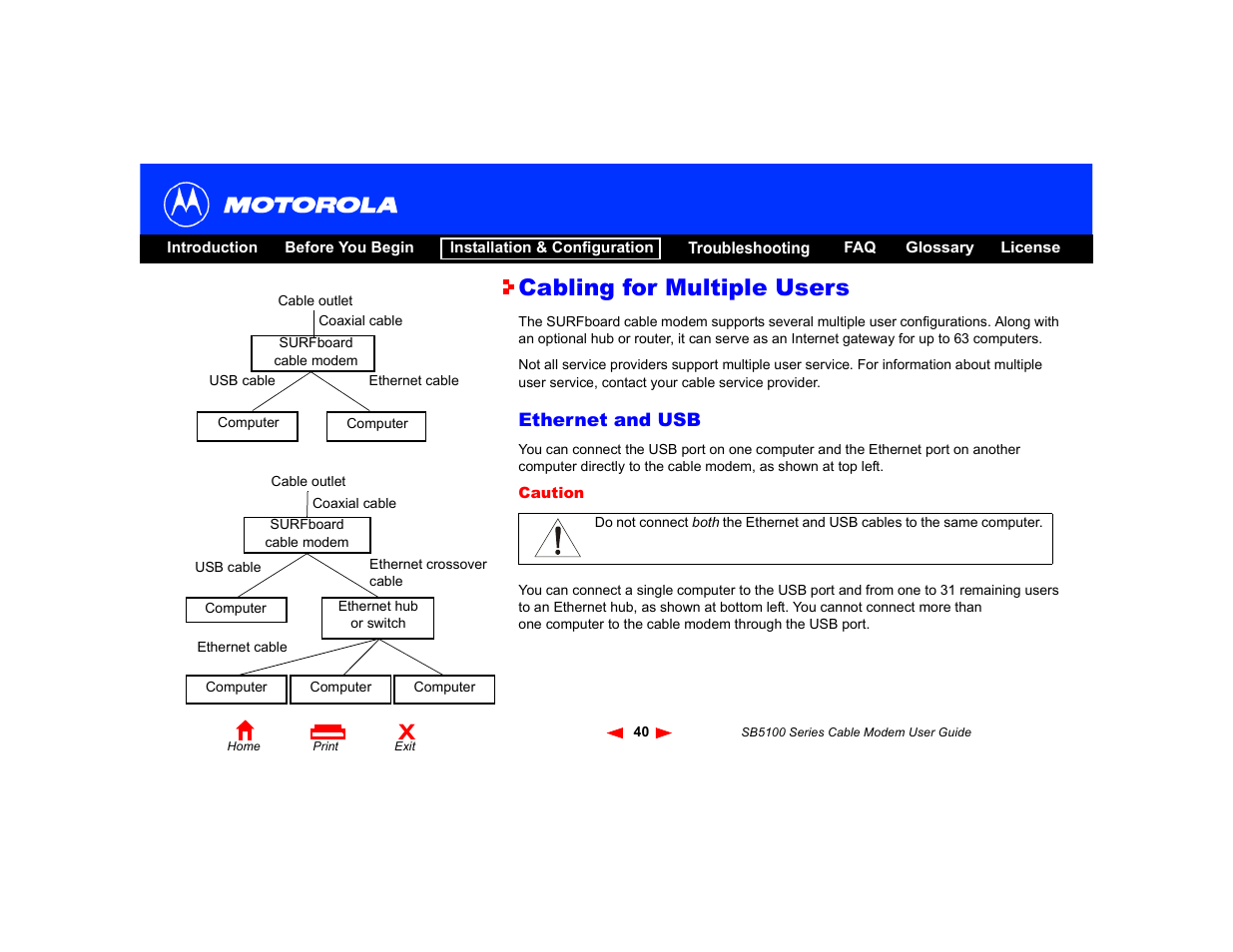 Cabling for multiple users, Ethernet and usb | Motorola SB5100 Series User Manual | Page 46 / 72
