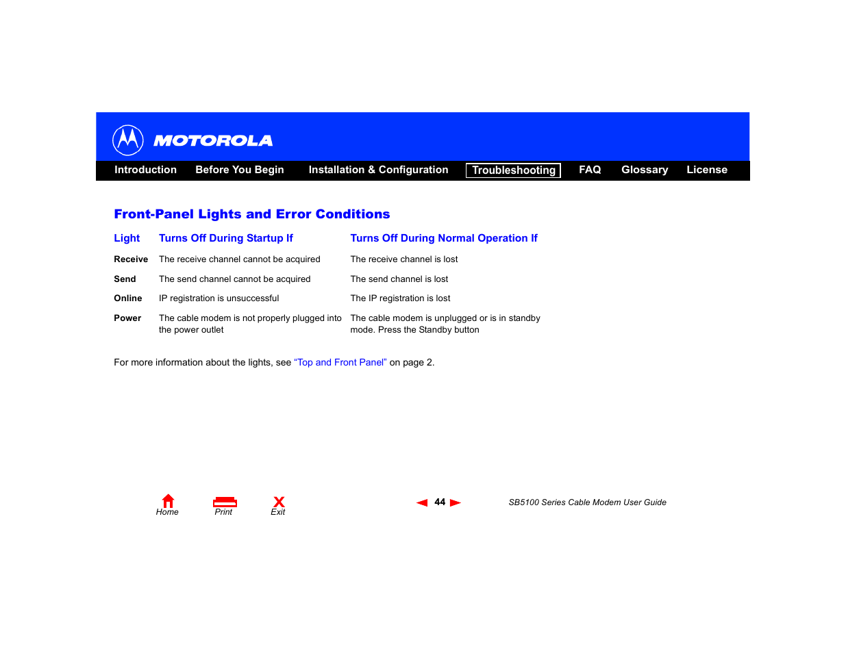 Front-panel lights and error conditions | Motorola SB5100 Series User Manual | Page 50 / 72