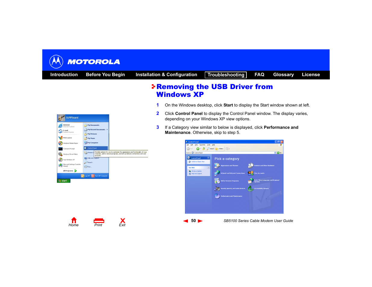 Removing the usb driver from windows xp | Motorola SB5100 Series User Manual | Page 56 / 72
