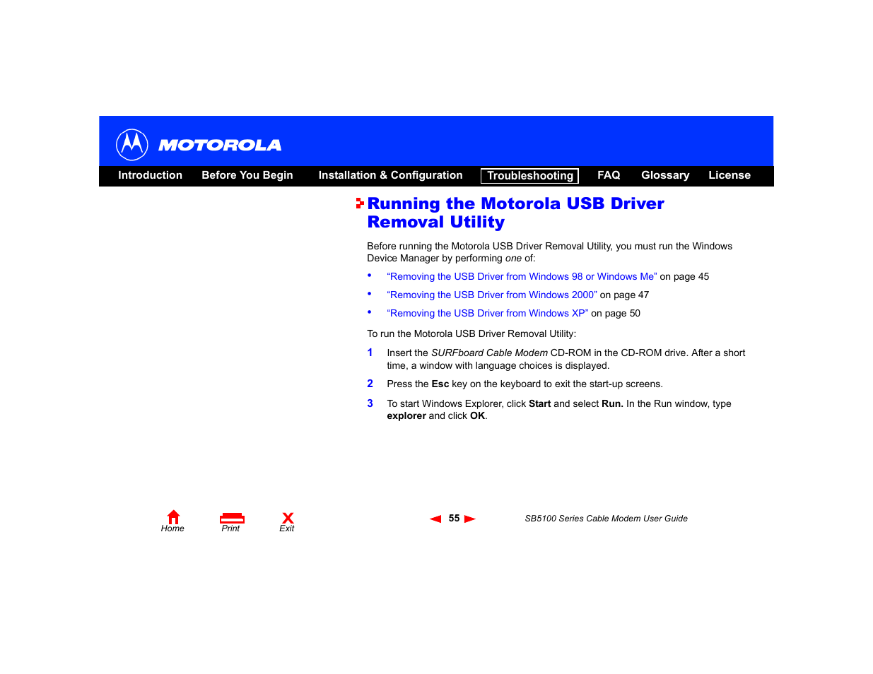 Running the motorola usb driver removal utility | Motorola SB5100 Series User Manual | Page 61 / 72