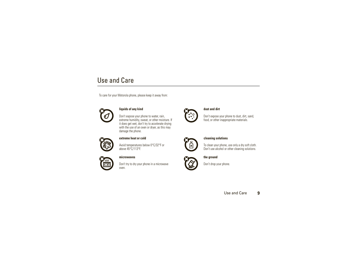 Use and care | Motorola W175g User Manual | Page 11 / 74