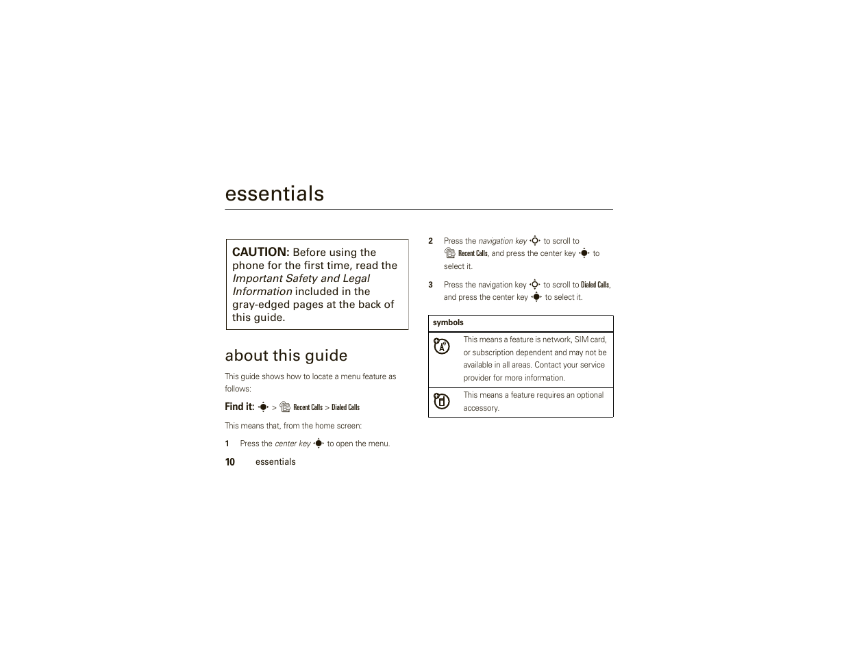 Essentials, About this guide | Motorola W175g User Manual | Page 12 / 74