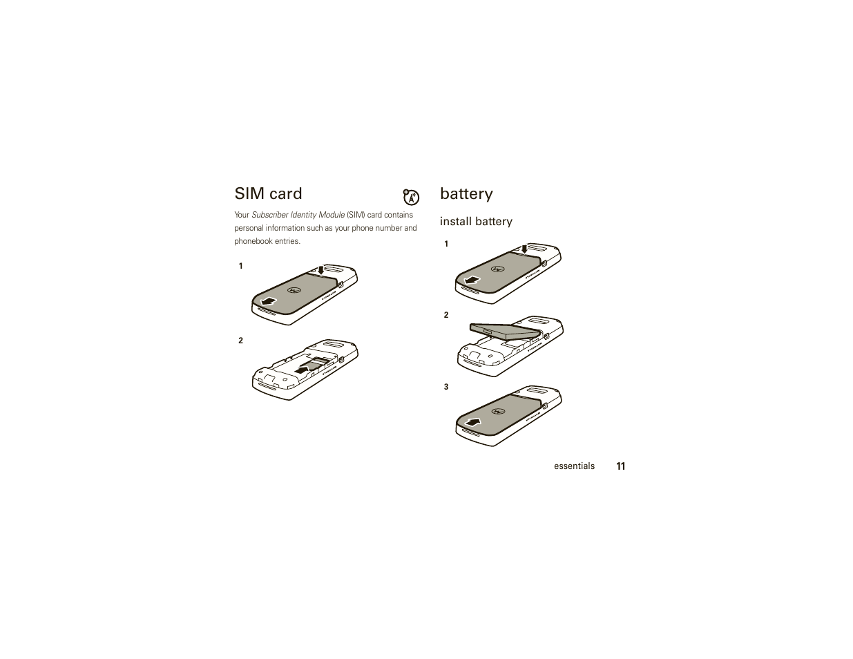 Sim card, Battery | Motorola W175g User Manual | Page 13 / 74