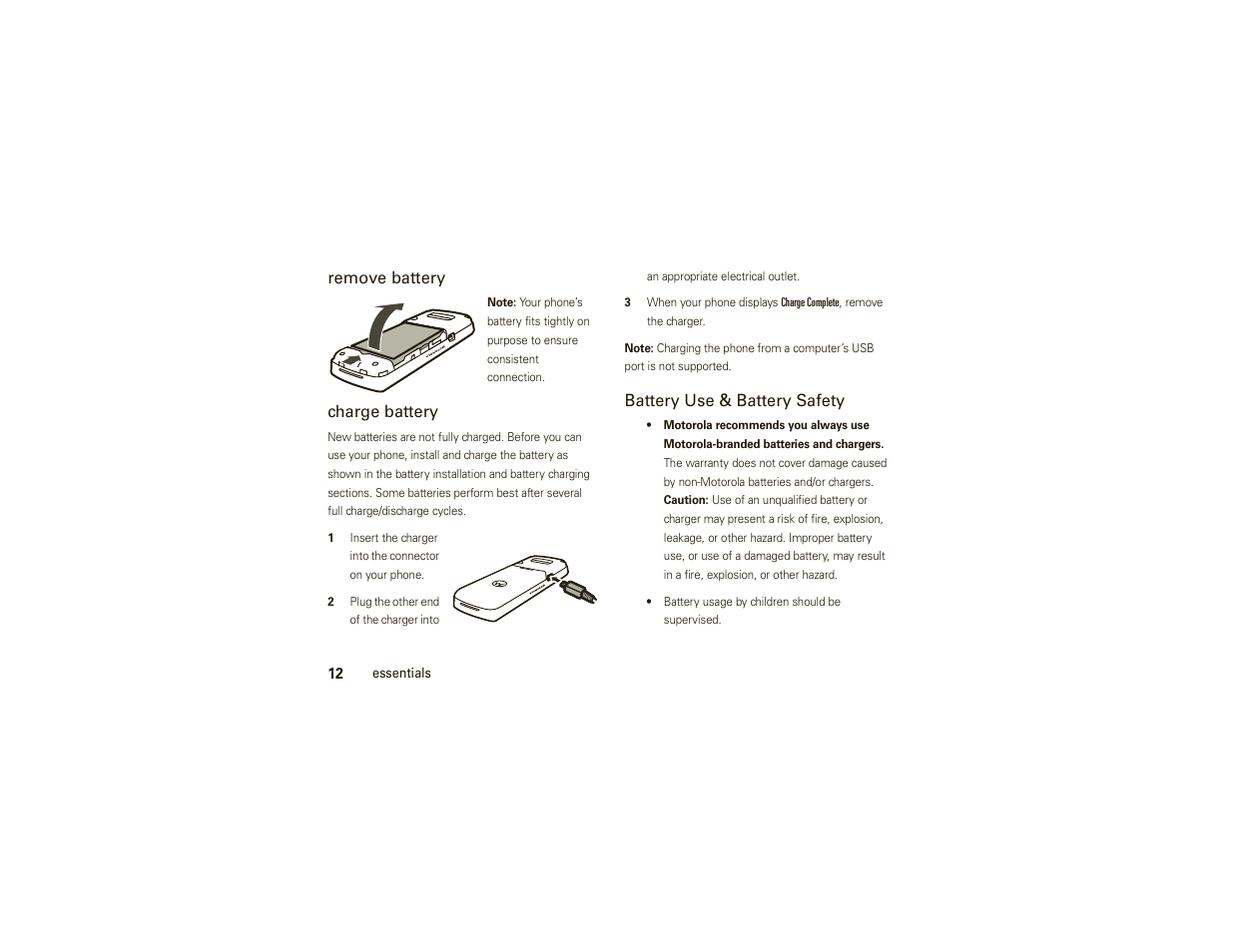 Remove battery, Charge battery, Battery use & battery safety | Motorola W175g User Manual | Page 14 / 74