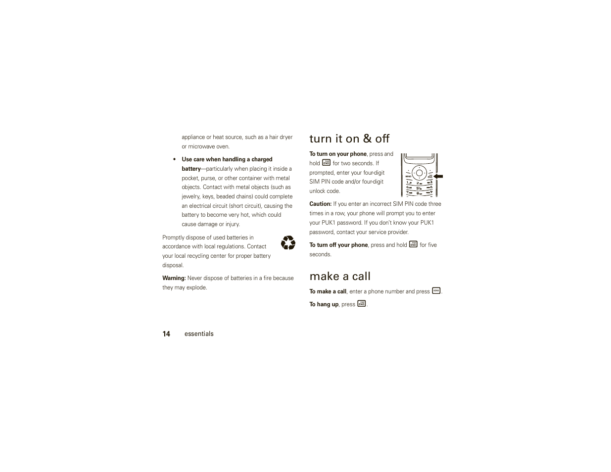 Turn it on & off, Make a call | Motorola W175g User Manual | Page 16 / 74