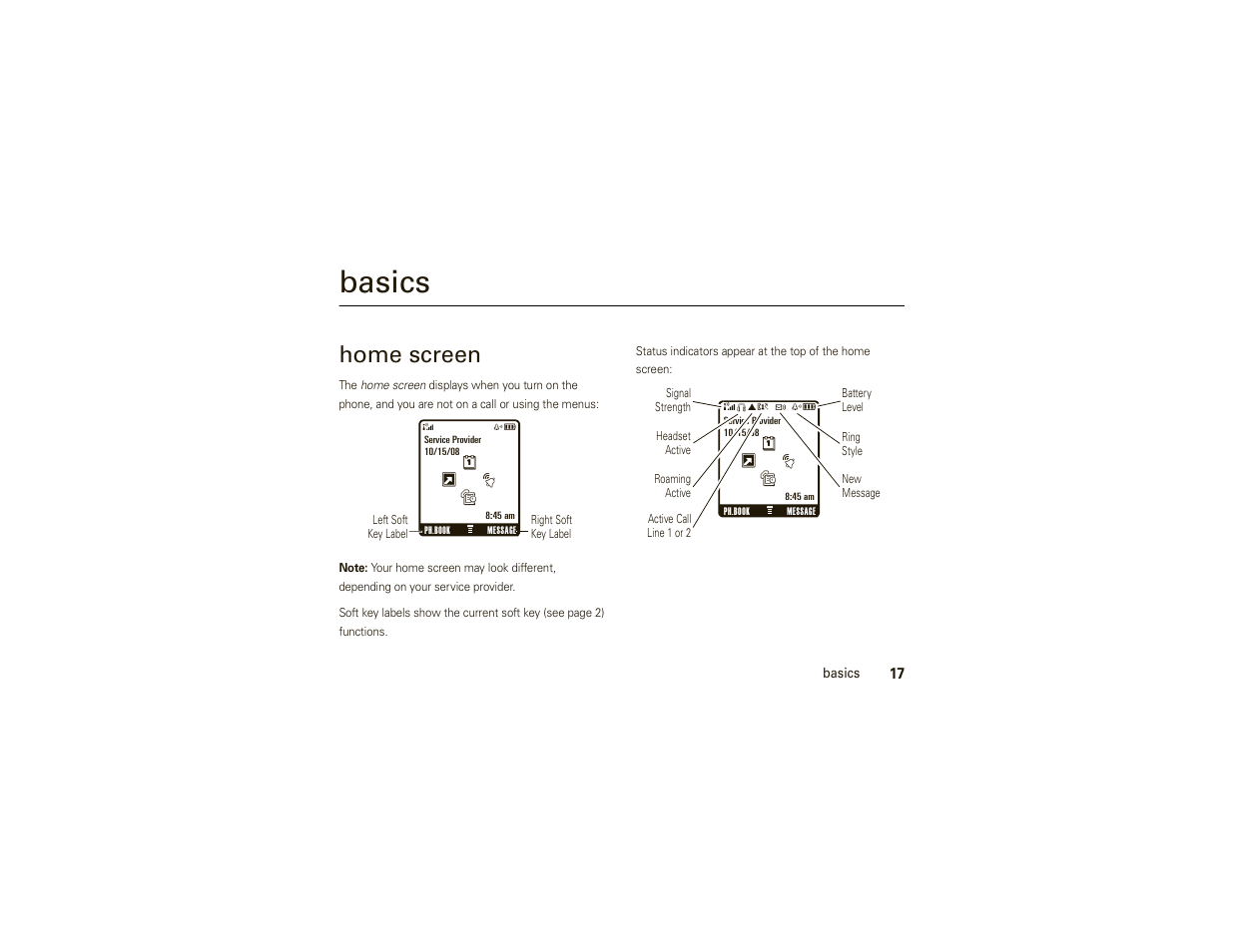 Basics, Home screen | Motorola W175g User Manual | Page 19 / 74