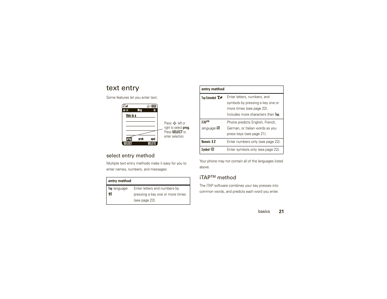 Text entry, Select entry method, Itap | Method | Motorola W175g User Manual | Page 23 / 74