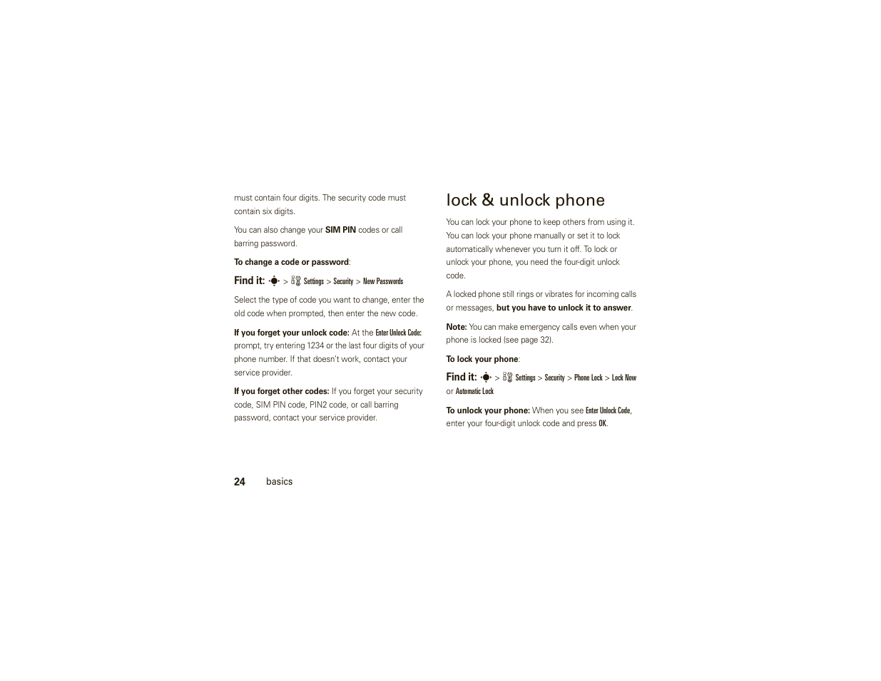 Lock & unlock phone | Motorola W175g User Manual | Page 26 / 74