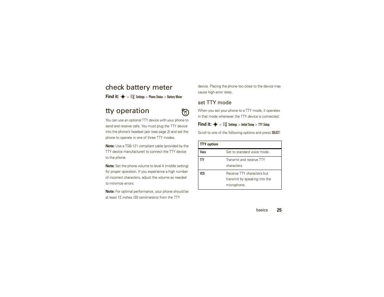 Check battery meter, Tty operation | Motorola W175g User Manual | Page 27 / 74