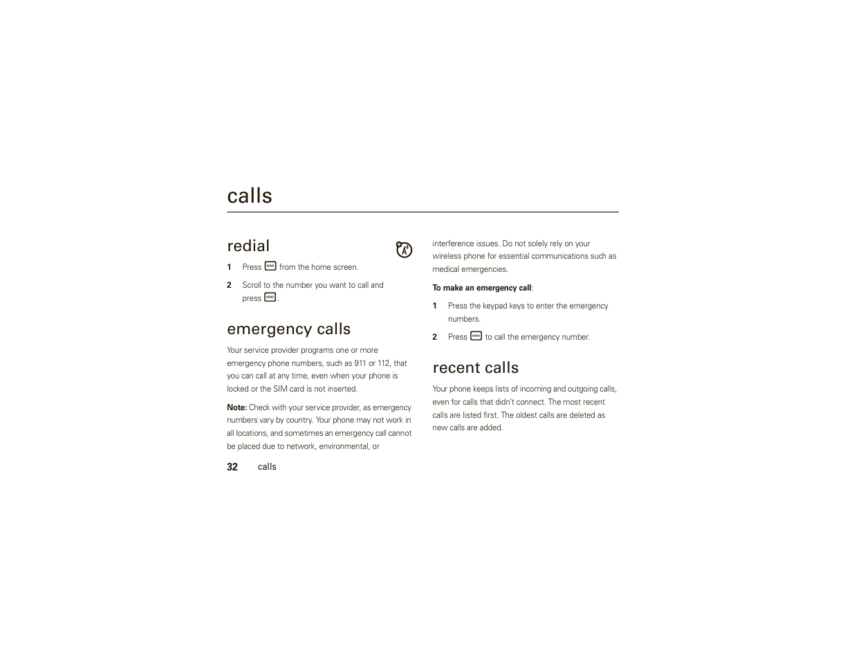 Calls, Redial, Emergency calls | Recent calls | Motorola W175g User Manual | Page 34 / 74