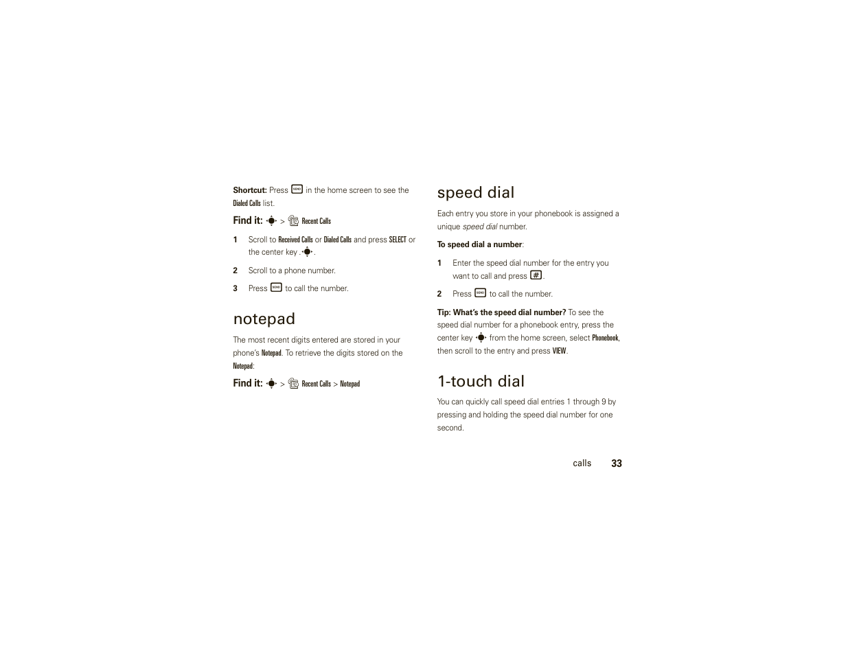 Notepad, Speed dial, Touch dial | Motorola W175g User Manual | Page 35 / 74