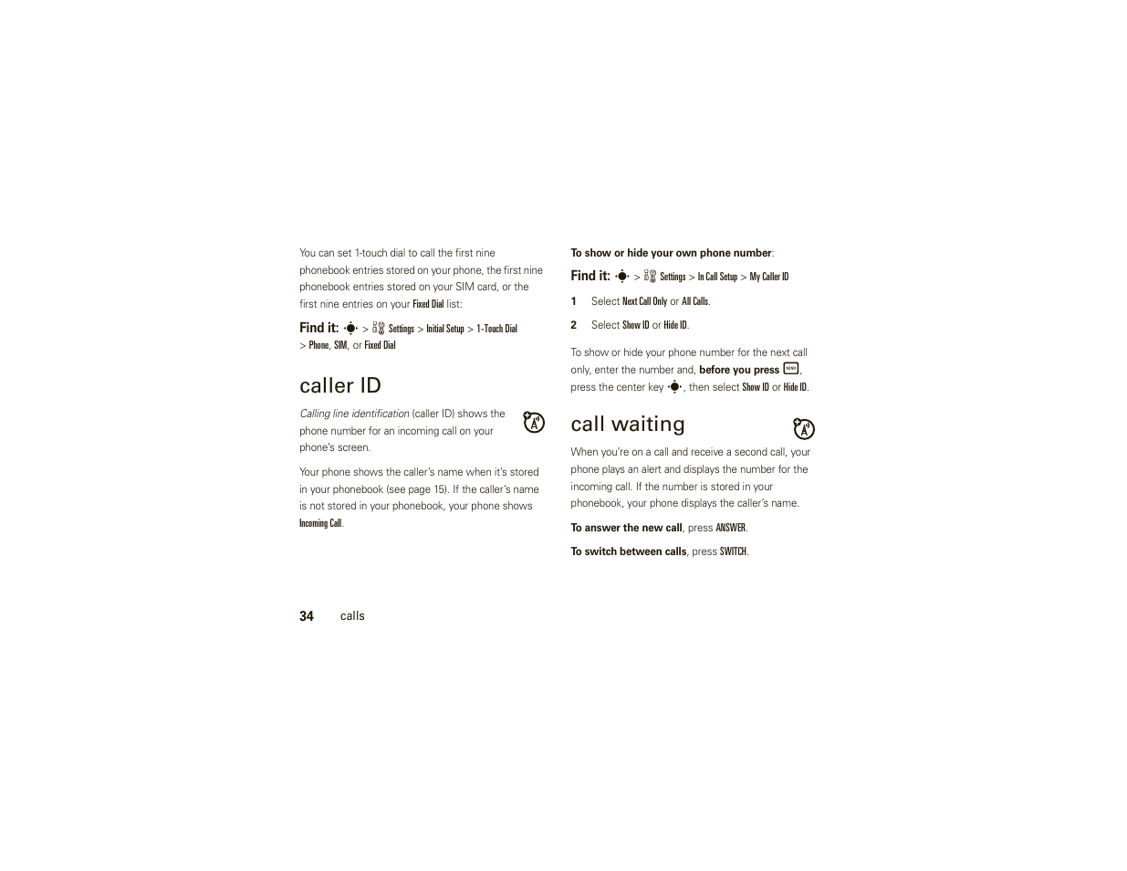 Caller id, Call waiting | Motorola W175g User Manual | Page 36 / 74