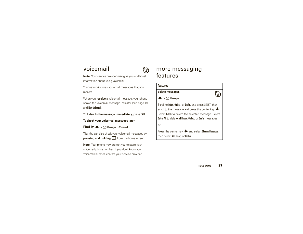 Voicemail, More messaging features | Motorola W175g User Manual | Page 39 / 74