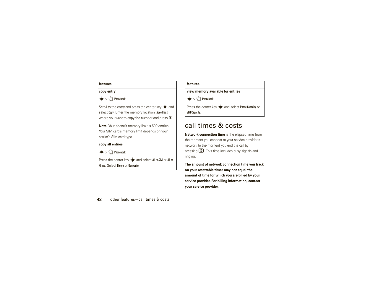 Call times & costs | Motorola W175g User Manual | Page 44 / 74