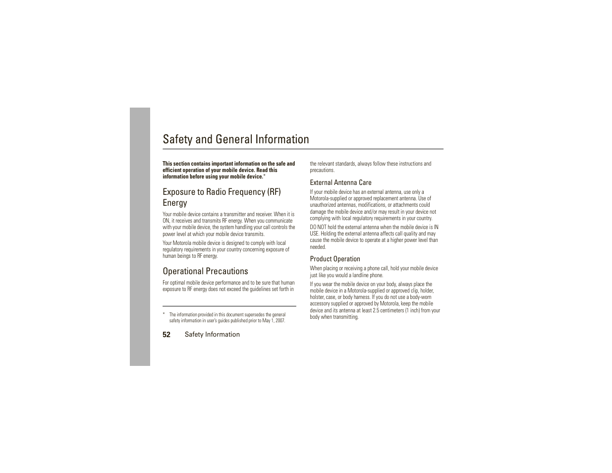 Safety information, Safety and general information, Exposure to radio frequency (rf) energy | Operational precautions | Motorola W175g User Manual | Page 54 / 74