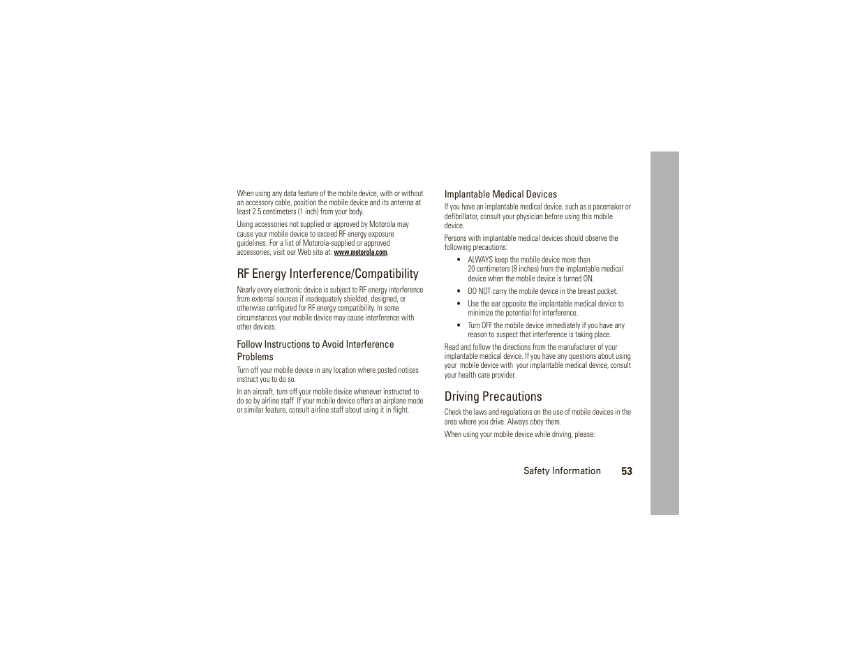 Rf energy interference/compatibility, Driving precautions | Motorola W175g User Manual | Page 55 / 74