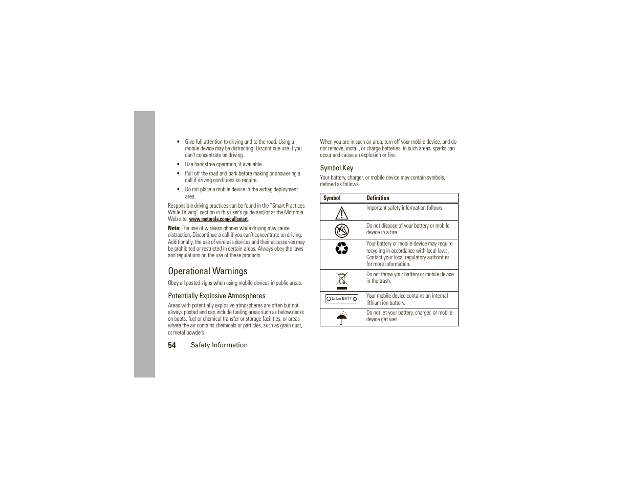 Operational warnings | Motorola W175g User Manual | Page 56 / 74