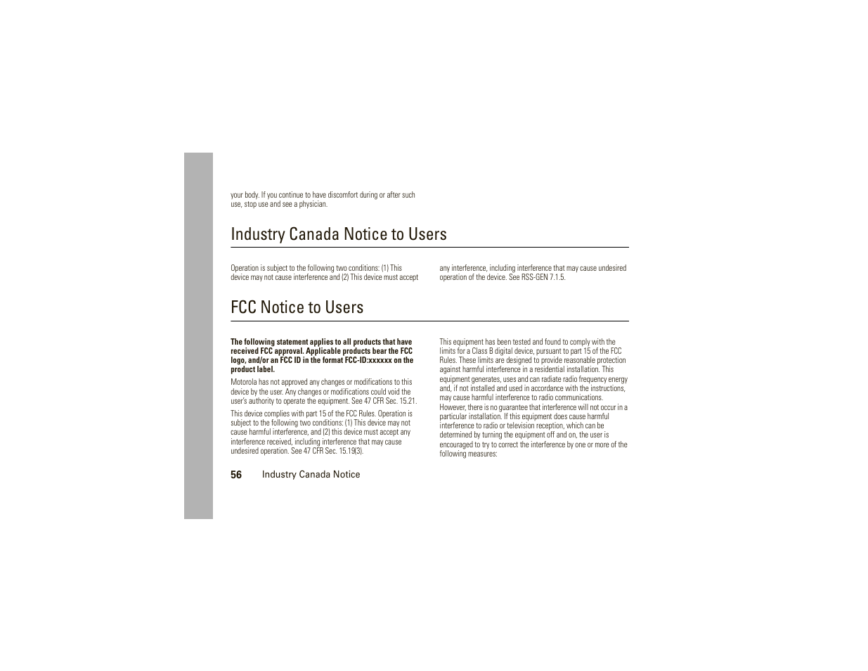 Industry canada notice, Fcc notice, Industry canada notice to users | Fcc notice to users | Motorola W175g User Manual | Page 58 / 74