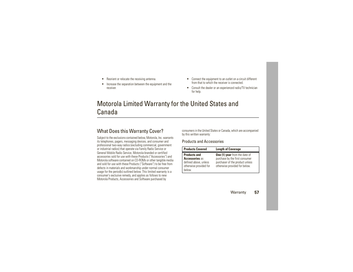 Warranty, What does this warranty cover | Motorola W175g User Manual | Page 59 / 74