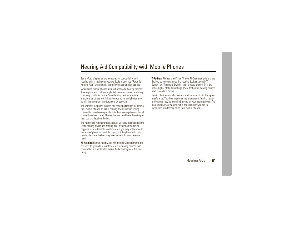 Hearing aids, Hearing aid compatibility with mobile phones | Motorola W175g User Manual | Page 63 / 74