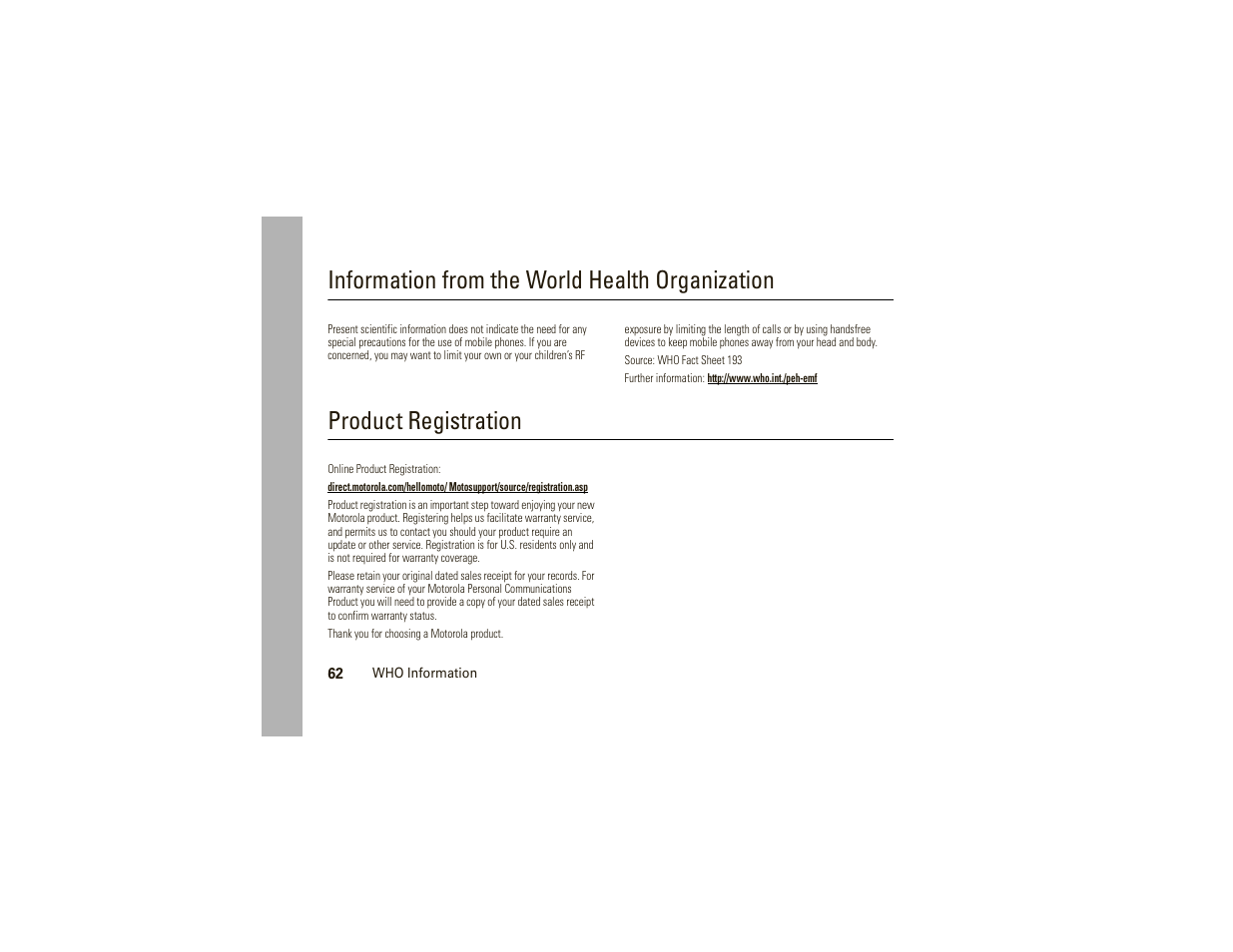 Who information, Registration, Information from the world health organization | Product registration | Motorola W175g User Manual | Page 64 / 74