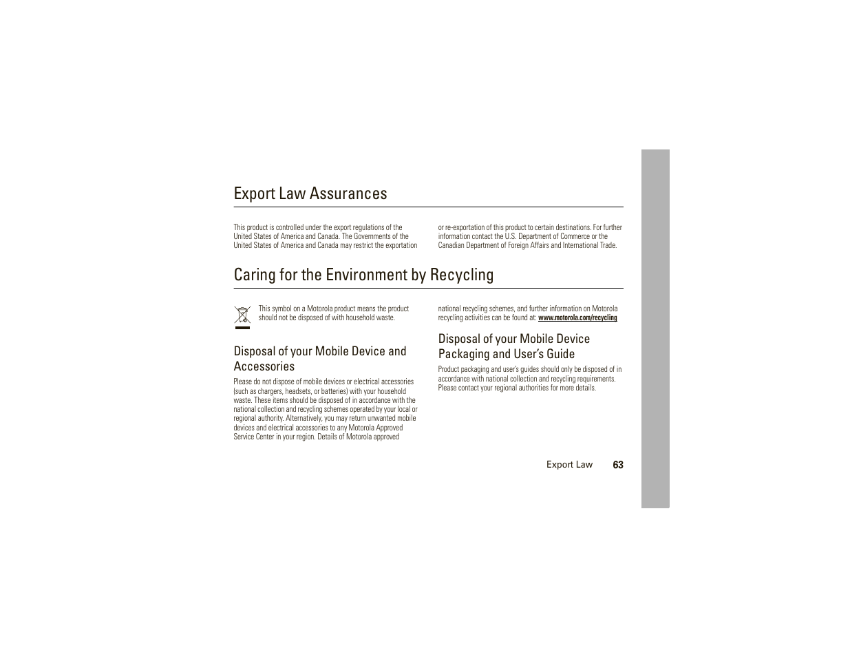 Export law, Recycling information, Export law assurances | Caring for the environment by recycling, Disposal of your mobile device and accessories | Motorola W175g User Manual | Page 65 / 74