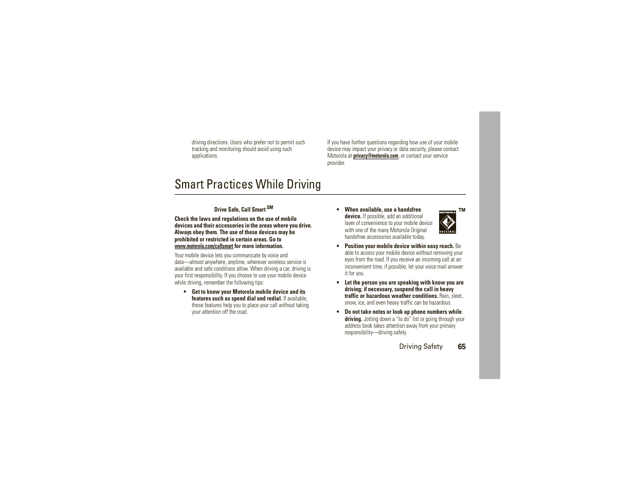 Driving safety, Smart practices while driving | Motorola W175g User Manual | Page 67 / 74