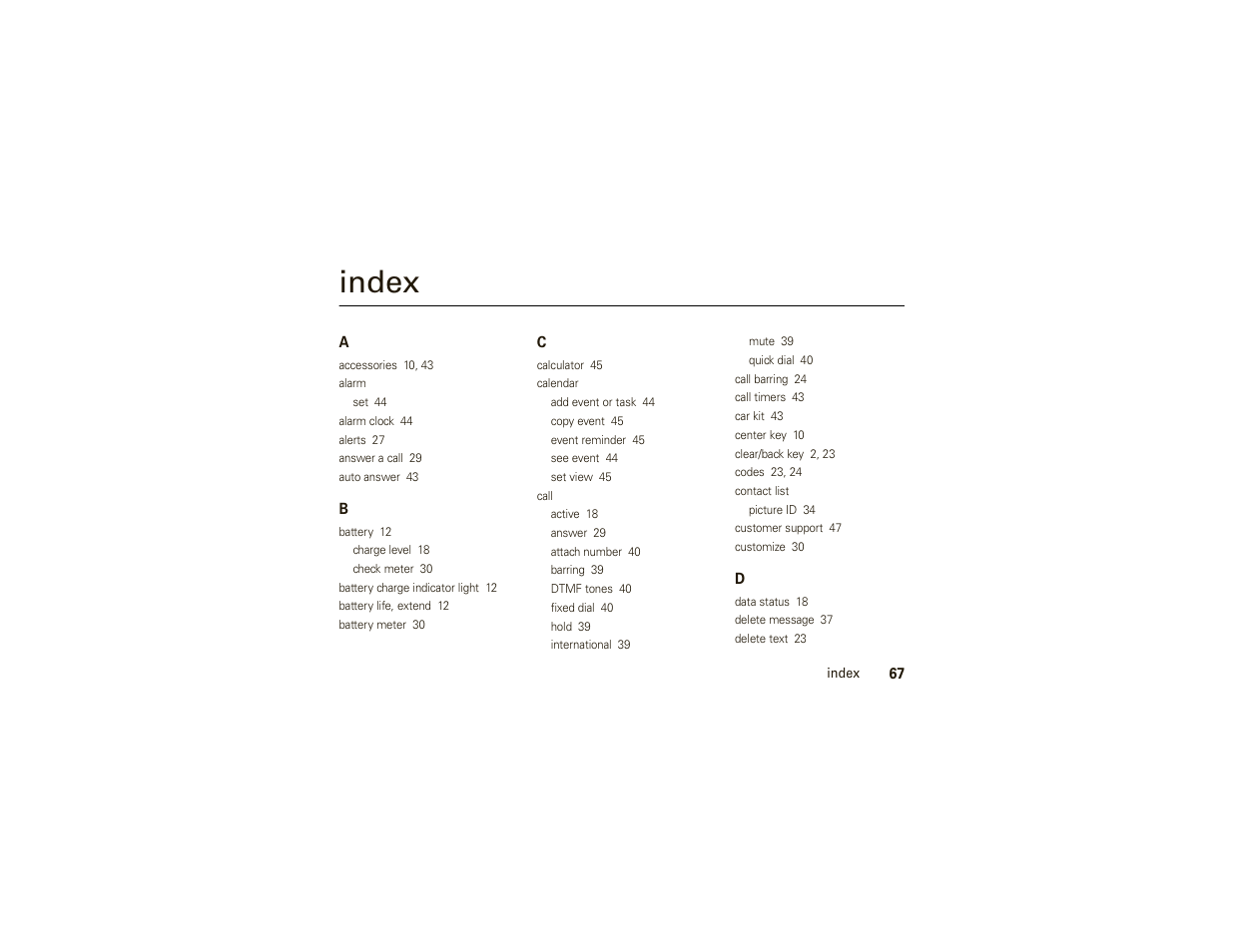 Index | Motorola W175g User Manual | Page 69 / 74