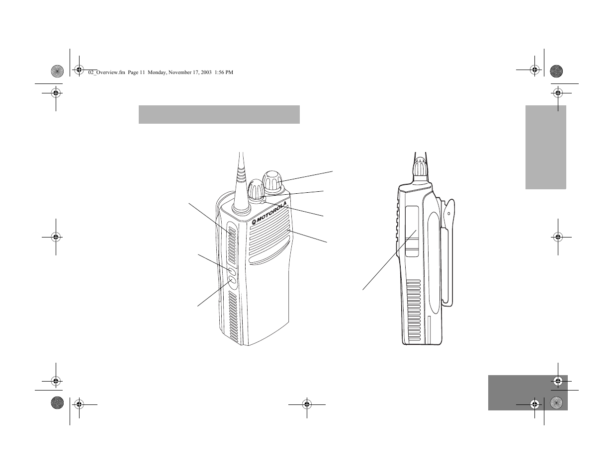 Radio overview, Parts of the radio | Motorola CP150 User Manual | Page 13 / 44