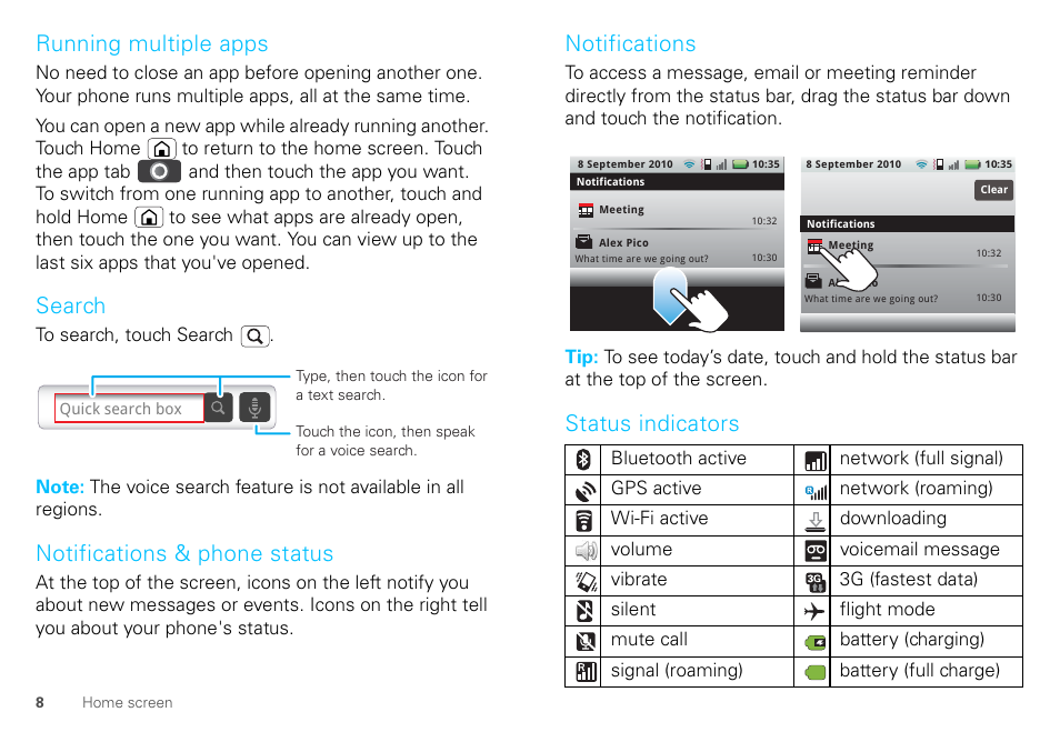 Running multiple apps, Search, Notifications & phone status | Notifications, Status indicators | Motorola DEFY XT300 User Manual | Page 10 / 66