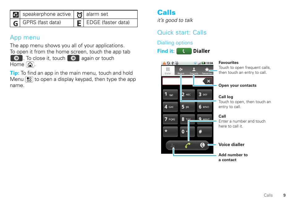 App menu, Calls, Quick start: calls | Motorola DEFY XT300 User Manual | Page 11 / 66