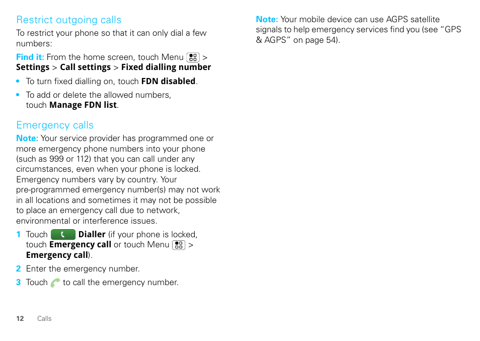 Restrict outgoing calls, Emergency calls | Motorola DEFY XT300 User Manual | Page 14 / 66