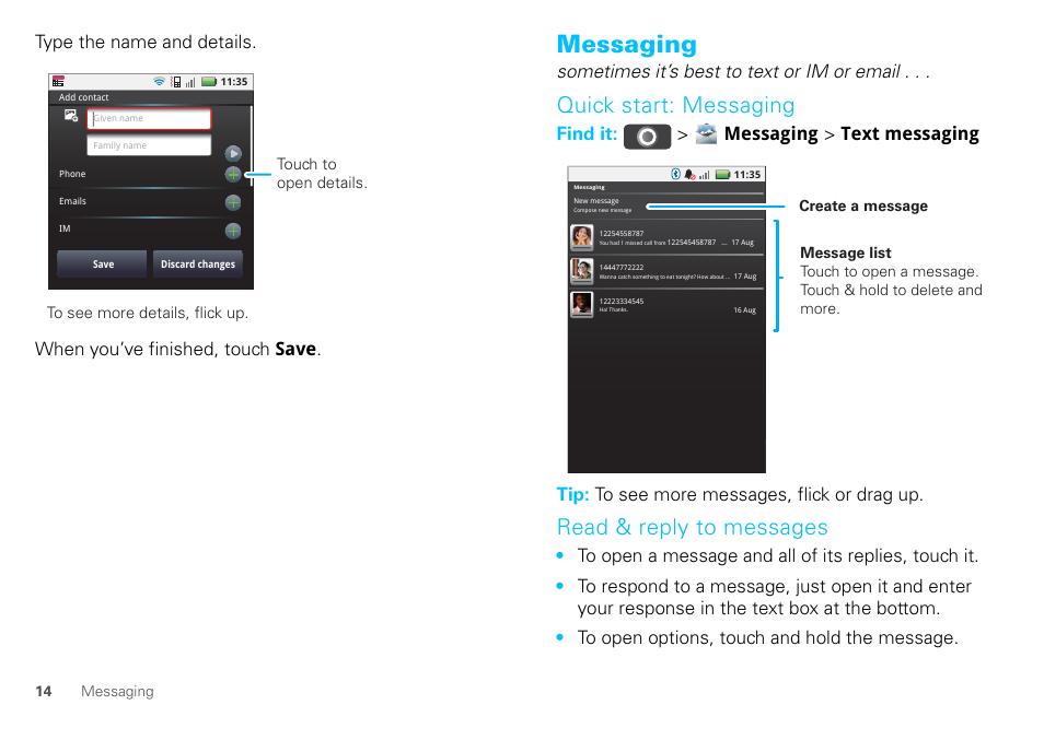 Messaging, Quick start: messaging, Read & reply to messages | Sometimes it’s best to text or im or email | Motorola DEFY XT300 User Manual | Page 16 / 66