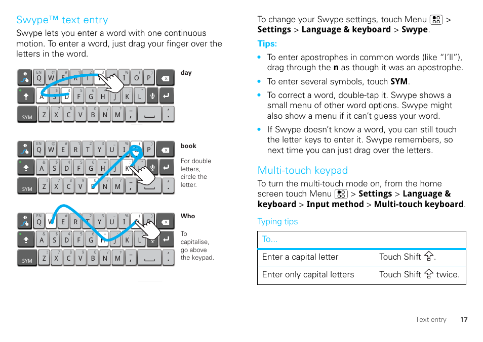 Swype™ text entry, Multi-touch keypad | Motorola DEFY XT300 User Manual | Page 19 / 66