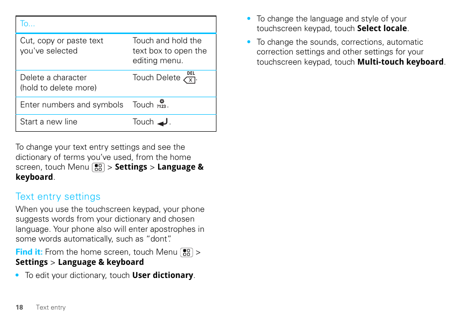 Text entry settings | Motorola DEFY XT300 User Manual | Page 20 / 66