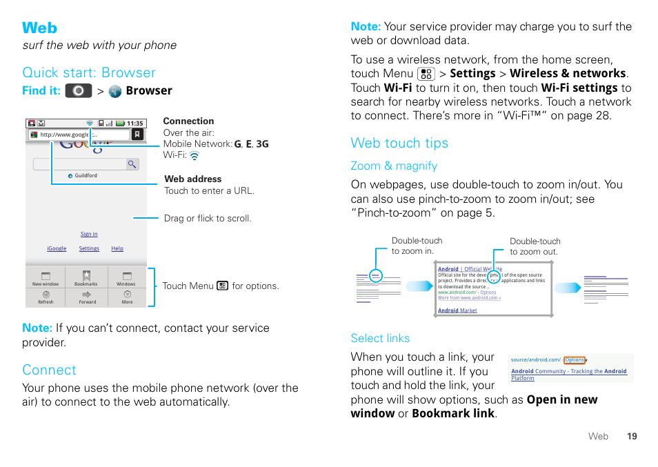 Quick start: browser, Connect, Web touch tips | Surf the web with your phone | Motorola DEFY XT300 User Manual | Page 21 / 66