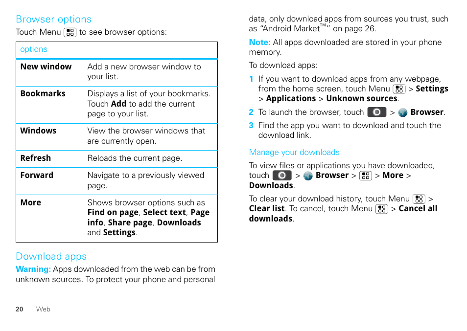 Browser options, Download apps | Motorola DEFY XT300 User Manual | Page 22 / 66