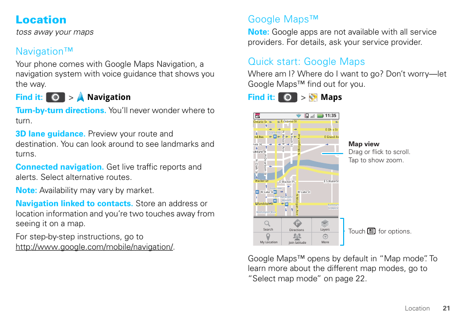 Location, Navigation, Google maps | Quick start: google maps, Toss away your maps | Motorola DEFY XT300 User Manual | Page 23 / 66