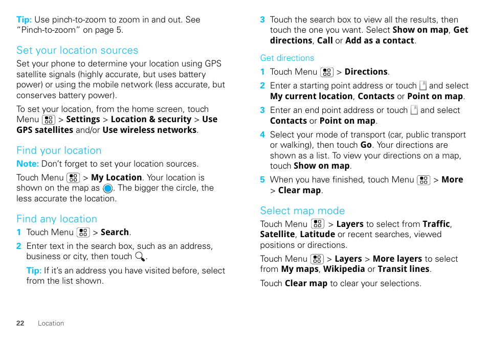 Set your location sources, Find your location, Find any location | Select map mode | Motorola DEFY XT300 User Manual | Page 24 / 66