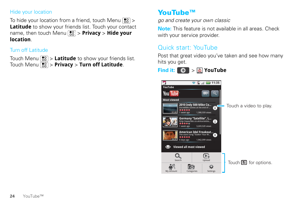 Youtube, Quick start: youtube | Motorola DEFY XT300 User Manual | Page 26 / 66