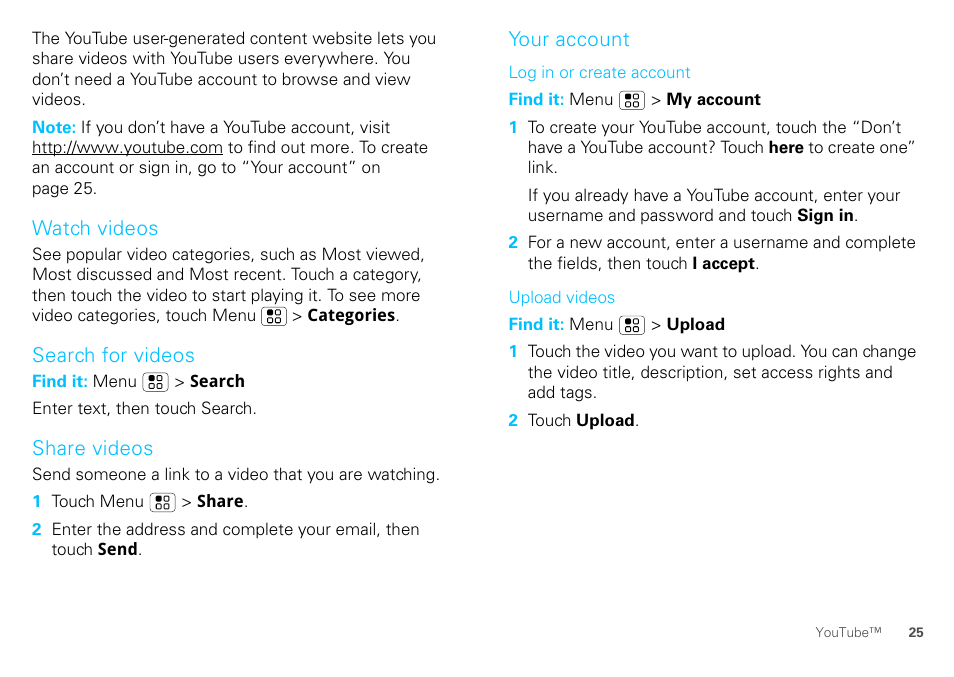 Watch videos, Search for videos, Share videos | Your account | Motorola DEFY XT300 User Manual | Page 27 / 66