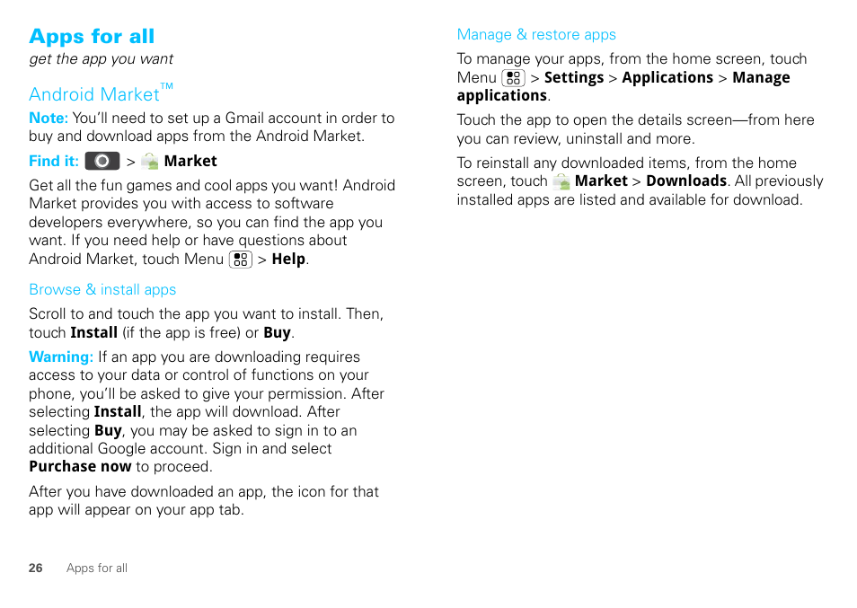 Apps for all, Android market | Motorola DEFY XT300 User Manual | Page 28 / 66