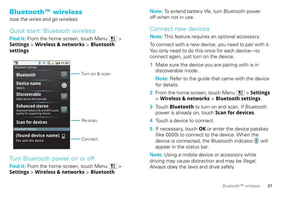 Bluetooth™ wireless, Quick start: bluetooth wireless, Turn bluetooth power on or off | Connect new devices | Motorola DEFY XT300 User Manual | Page 29 / 66