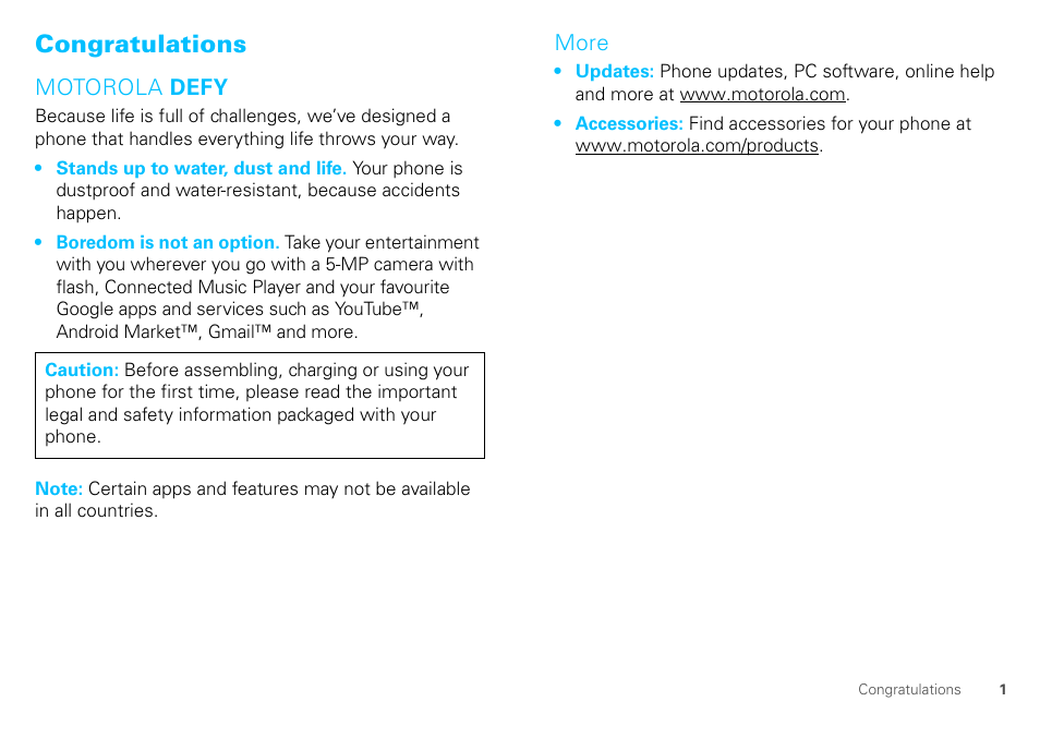 Congratulations | Motorola DEFY XT300 User Manual | Page 3 / 66