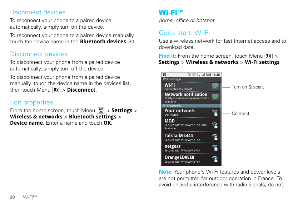 Reconnect devices, Disconnect devices, Edit properties | Wi-fi, Quick start: wi-fi | Motorola DEFY XT300 User Manual | Page 30 / 66