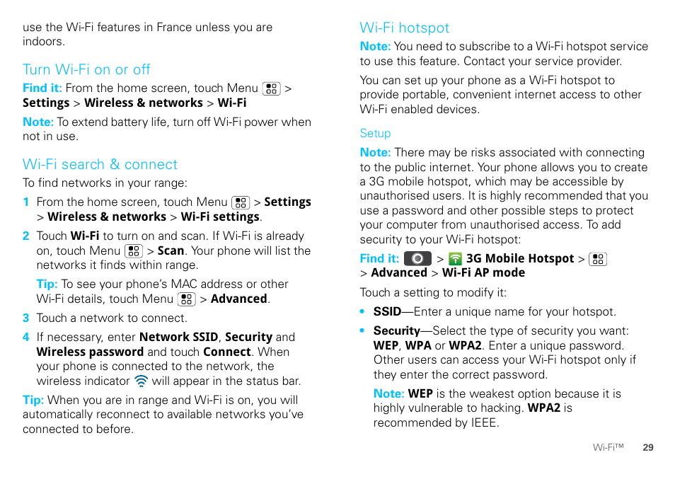 Turn wi-fi on or off, Wi-fi search & connect, Wi-fi hotspot | Motorola DEFY XT300 User Manual | Page 31 / 66