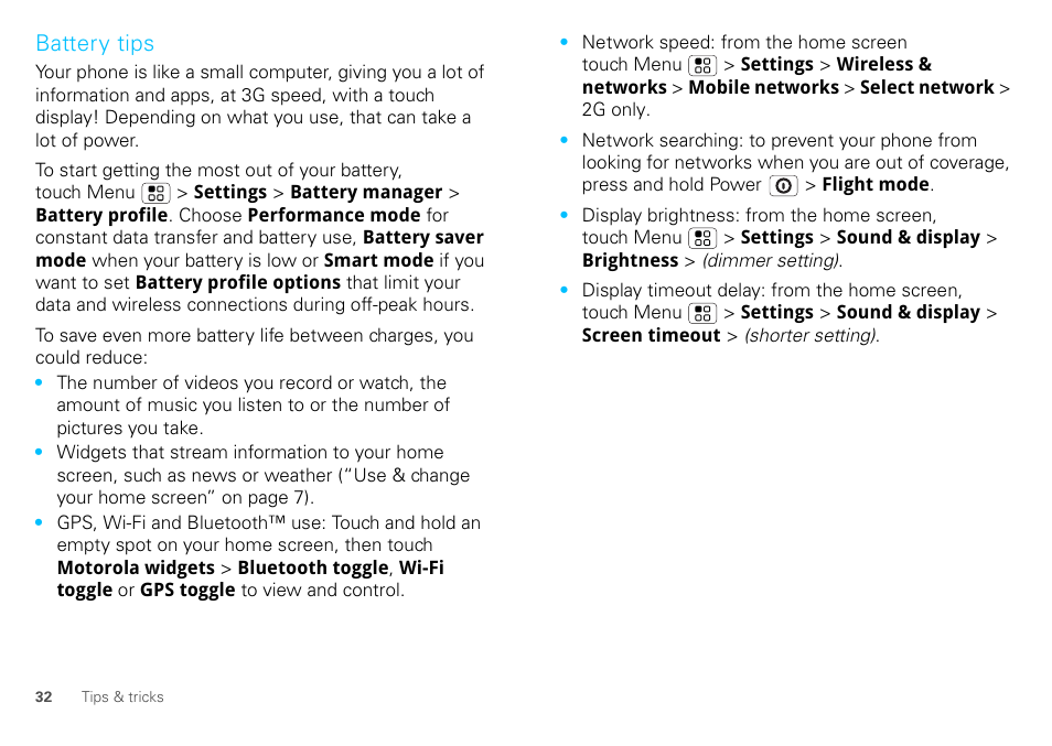 Battery tips | Motorola DEFY XT300 User Manual | Page 34 / 66