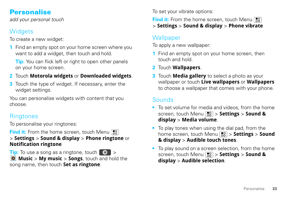 Personalise, Widgets, Ringtones | Wallpaper, Sounds | Motorola DEFY XT300 User Manual | Page 35 / 66