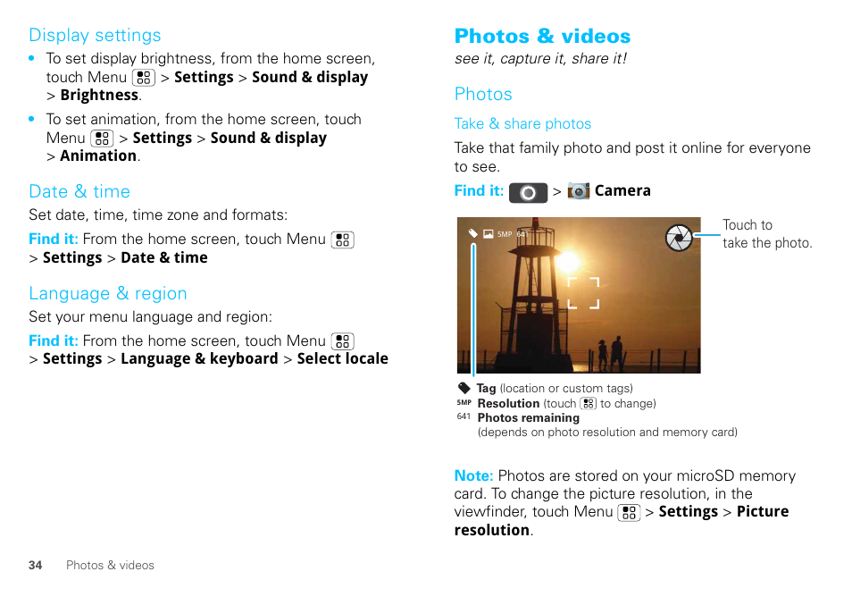 Display settings, Date & time, Language & region | Photos & videos, Photos | Motorola DEFY XT300 User Manual | Page 36 / 66